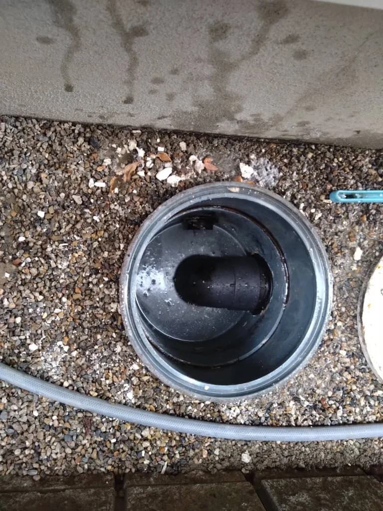 清掃後の排水桝。内部がきれいになり排水管が見える状態