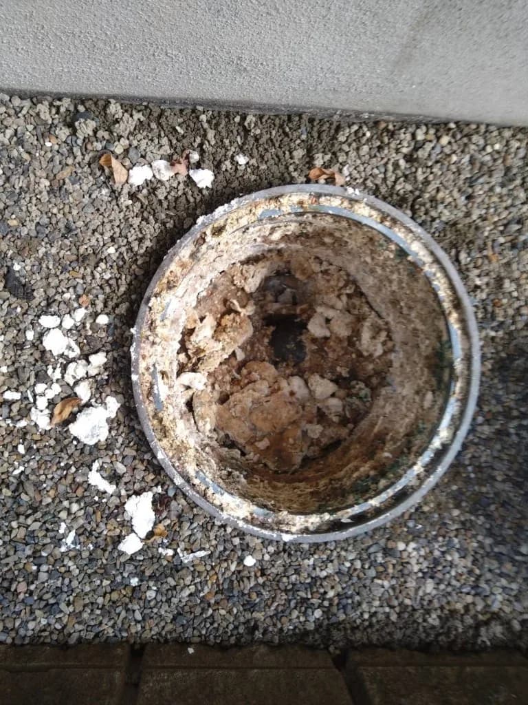 清掃前の排水桝。内部に油脂や汚泥が堆積している状態